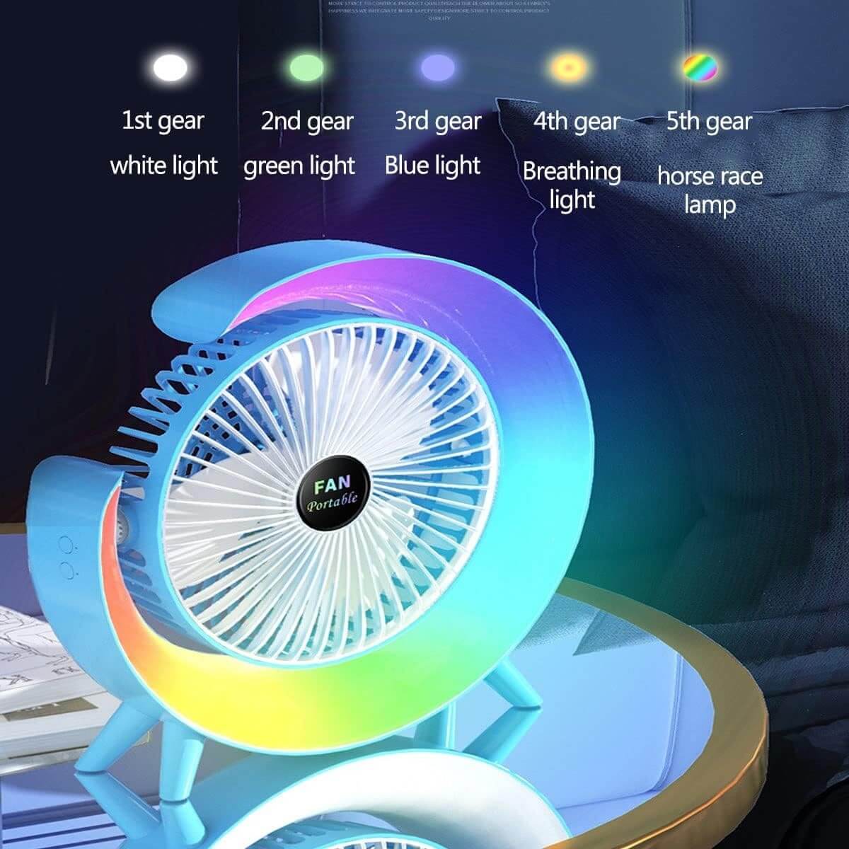 Multifunctional Colorful desktop small fan, portable floor mounted fan with light, USB charging personal fan, air circulation fan, 5-light, large capacity battery Multifunctional Colorful desktop small fan, portable floor mounted fan with light, USB charging personal fan, air circulation fan, 5-light, large capacity battery